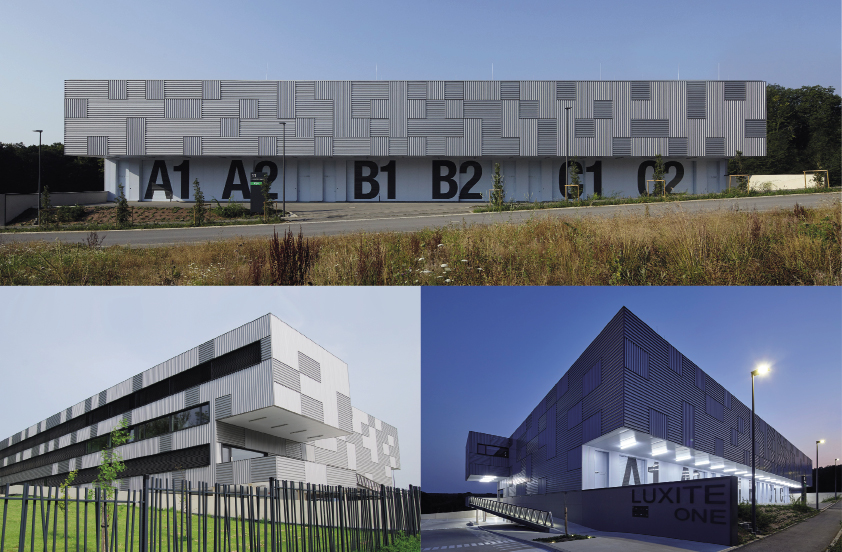 Luxite One se veut être un bâtiment alliant rationalité et économie de la construction, mais aussi poésie du language architectural et performances énergétiques. Ses façades, constituées de bacs acier orientés, offre une dynamique changeante dont l’esthétique, grace à l’ombre portée, varie avec le temps et les saisons. Son aménagement intérieur, sous formes de modules répétitifs, offre une grande flexibilité. Les bureaux sont orientés Sud vers la forêt, les halls sur la voirie. E.urbain S.à R.L.